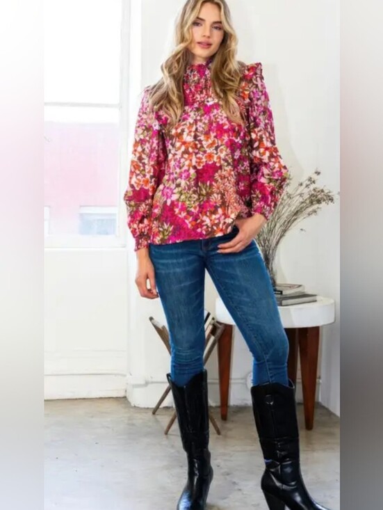 Tops - Floral Ruffle YOKE High-Neck Blouse - Pink Multi